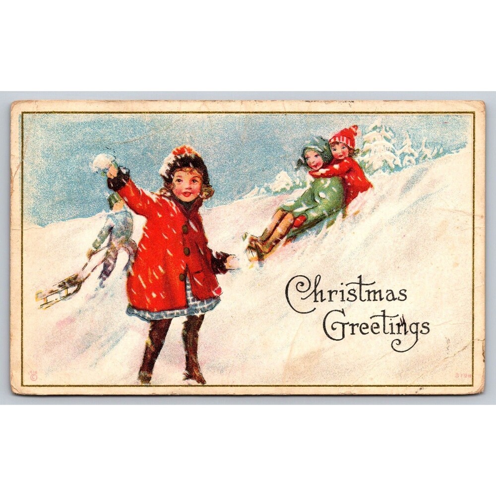 Antique Postcard Christmas Greetings Children Snow Sledding 1920 Embossed MD
